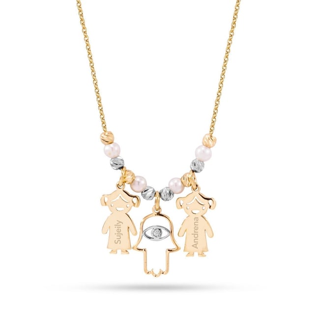 Hamsa ve Çocuk Figürlü İncili Altın Şans Kolyesi