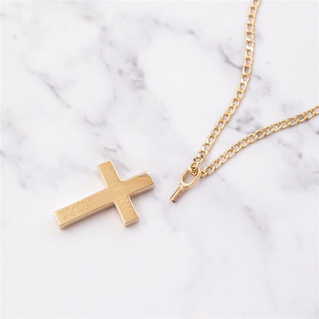 Cremation Cross Curb Chain Solid Gold Necklace