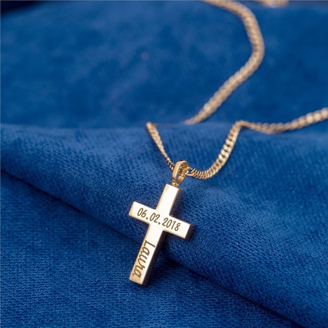 Cremation Cross Curb Chain Solid Gold Necklace