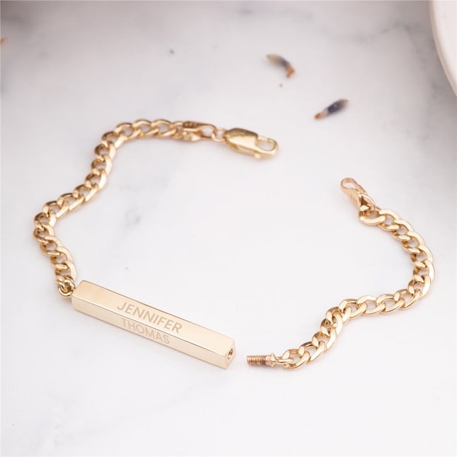 Cremation Cuban Chain Engraved Curb Chain Personalized 3D Bar Solid Gold Bracelet