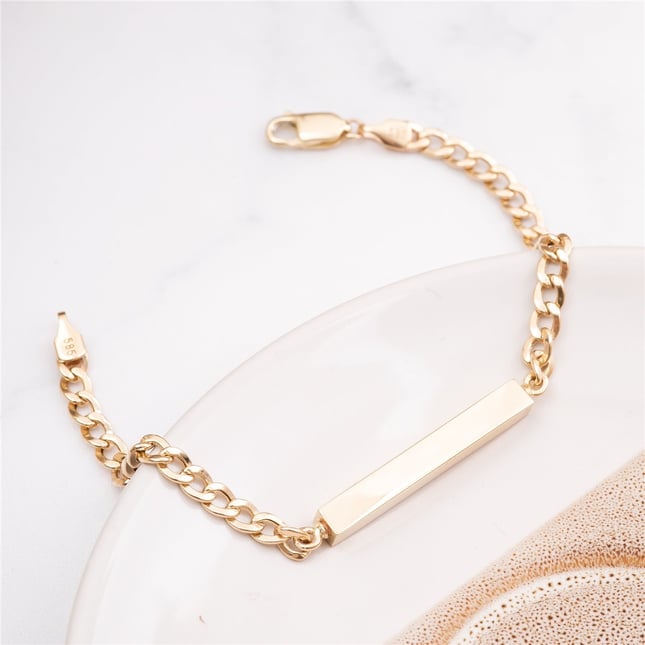 Cremation Cuban Chain Engraved Curb Chain Personalized 3D Bar Solid Gold Bracelet