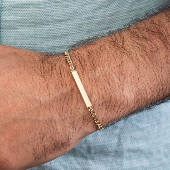 Cremation Cuban Chain Engraved Curb Chain Personalized 3D Bar Solid Gold Bracelet