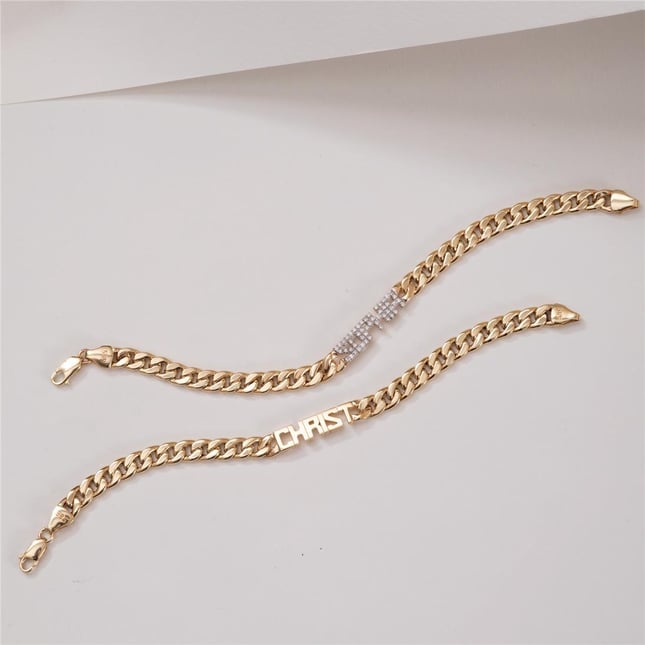 Initial Letter Curb Chain Solid Gold Bracelet