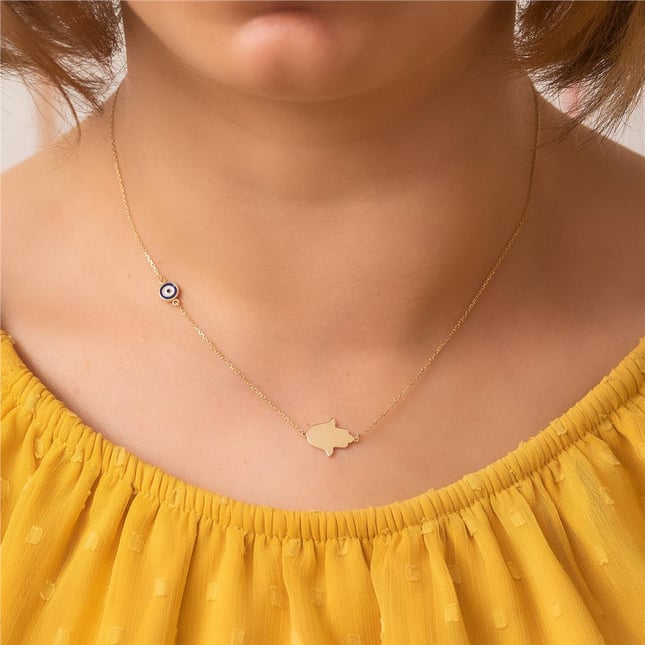 Evil Eye Hamsa Hand of Fatima Solid Gold Necklace