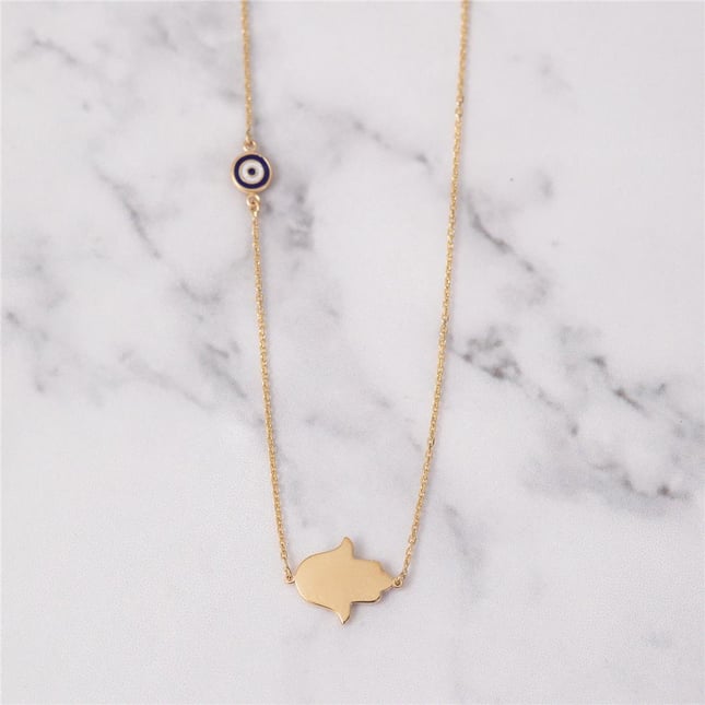 Evil Eye Hamsa Hand of Fatima Solid Gold Necklace
