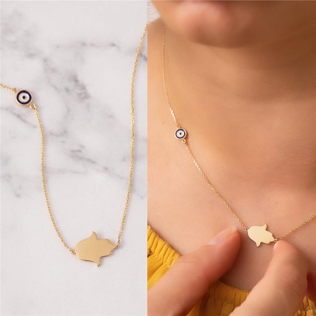 Evil Eye Hamsa Hand of Fatima Solid Gold Necklace