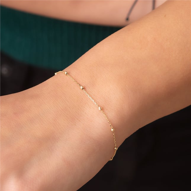 Sleek Beaded Satellite Solid Gold Bracelet