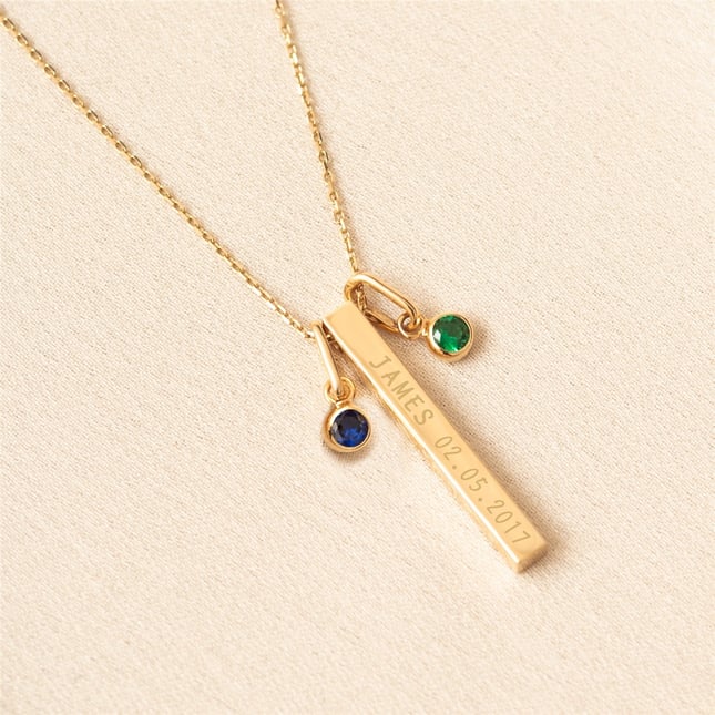 Birthstone Charm Personalized 3D Bar Solid Gold Necklace