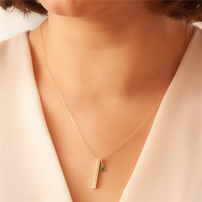 Birthstone Charm Personalized 3D Bar Solid Gold Necklace