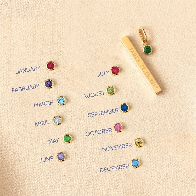 Birthstone Charm Personalized 3D Bar Solid Gold Necklace
