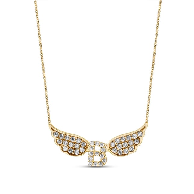 CZ Initial Letter Angel Initial Solid Gold Necklace