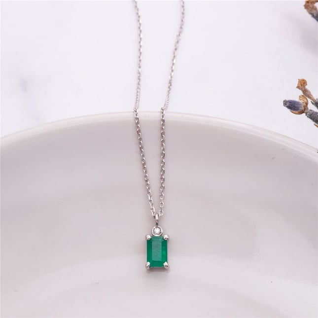 0.01 Ct Diamond Baguette Emerald Solitaire Solid Gold Necklace