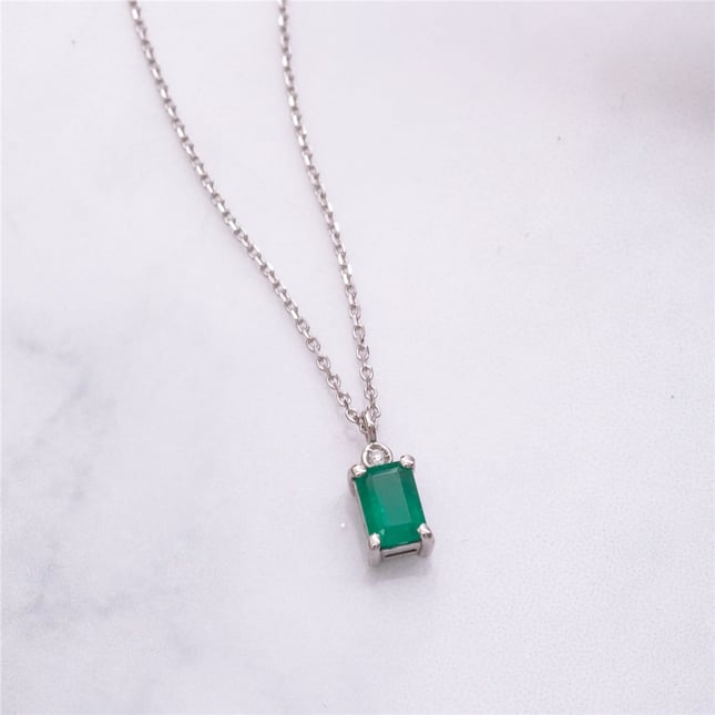 0.01 Ct Diamond Baguette Emerald Solitaire Solid Gold Necklace
