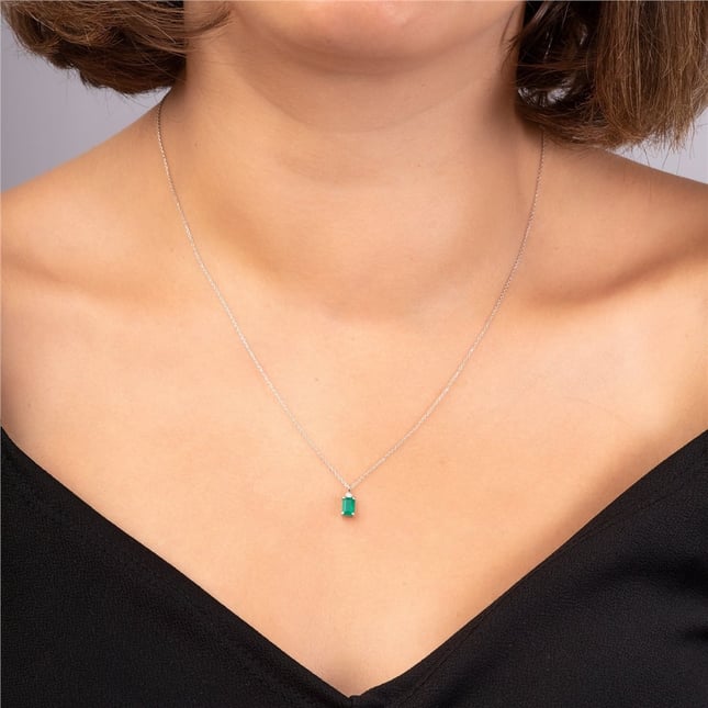 0.01 Ct Diamond Baguette Emerald Solitaire Solid Gold Necklace