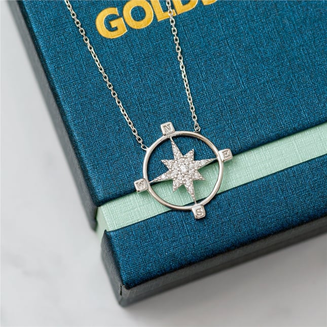North Star Horizon Direction Pendant Solid Gold Necklace