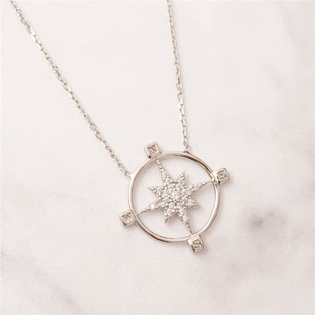 North Star Horizon Direction Pendant Solid Gold Necklace