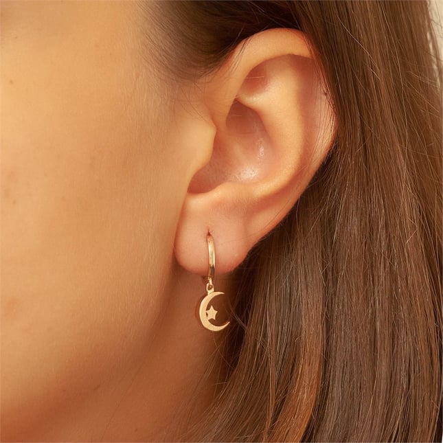 Crescent Moon and Star Snowflake Hoop Huggie Solid Gold Earring