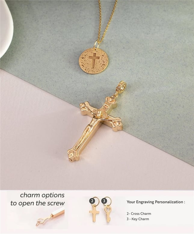 CZ Cremation Key Cross Engraved Solid Gold Necklace