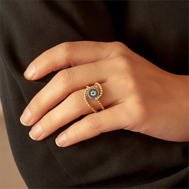 Evil Eye Diamond Cut Ball Halo Solid Gold Ring