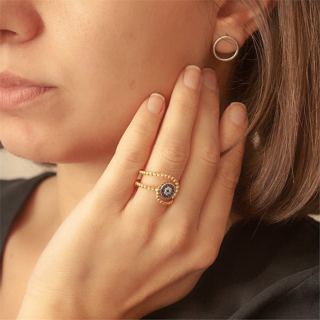 Evil Eye Diamond Cut Ball Halo Solid Gold Ring