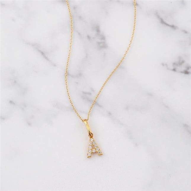 CZ Initial Letter Solid Gold Necklace