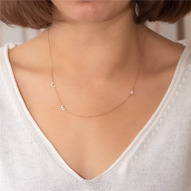 Evil Eye Initial Letter Solid Gold Necklace