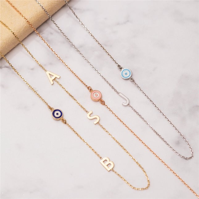 Evil Eye Initial Letter Solid Gold Necklace