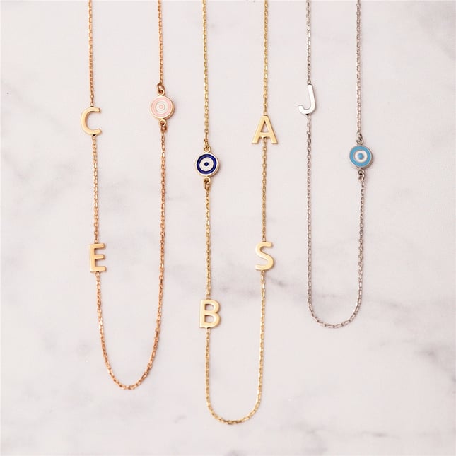 Evil Eye Initial Letter Solid Gold Necklace