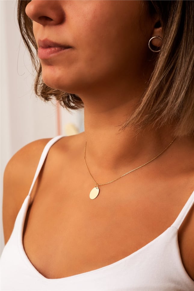 Birth Flower Engraved Custom oval Disc Solid Gold Necklace