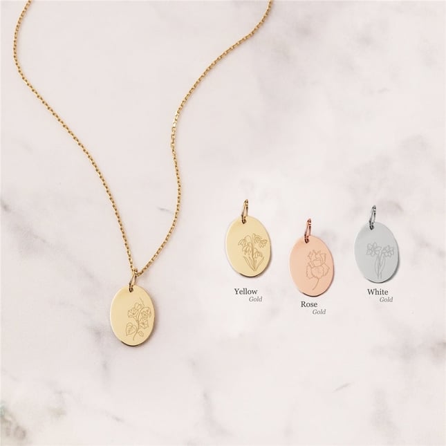 Birth Flower Engraved Custom oval Disc Solid Gold Necklace