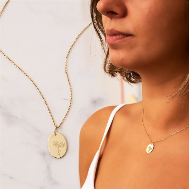 Birth Flower Engraved Custom oval Disc Solid Gold Necklace