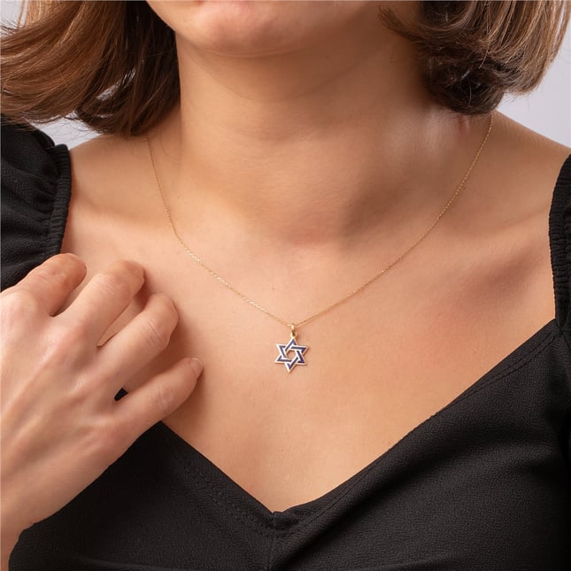 Turquoise Star of David Solid Gold Necklace