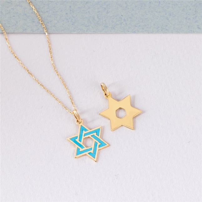 Turquoise Star of David Solid Gold Necklace