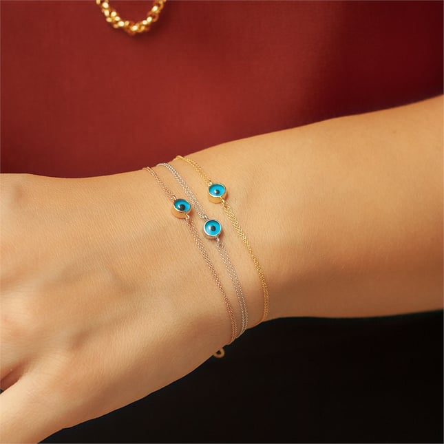 Double Row Chain Solitaire Evil Eye Solid Gold Bracelet