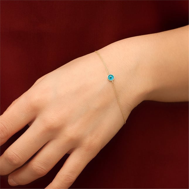Double Row Chain Solitaire Evil Eye Solid Gold Bracelet