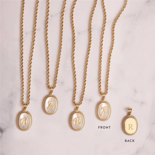 Cushion Mother of Pearl Cushion Onyx Initial Letter Solid Gold Necklace