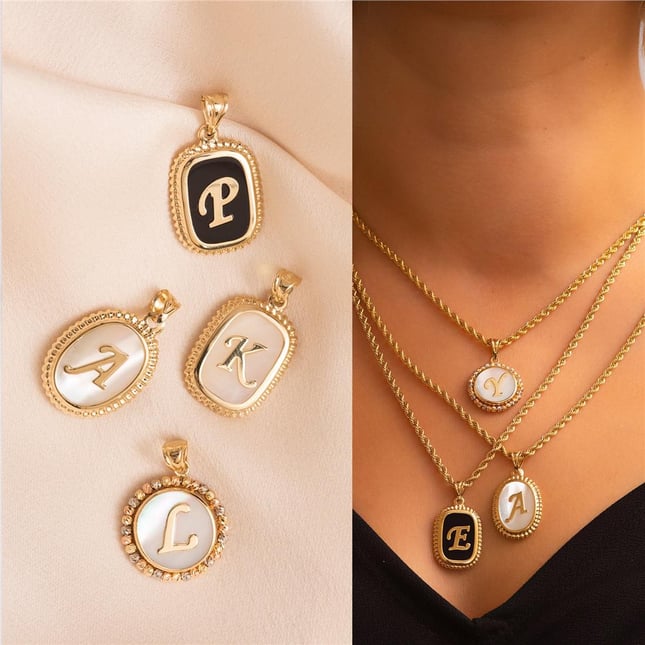 Cushion Mother of Pearl Cushion Onyx Initial Letter Solid Gold Necklace