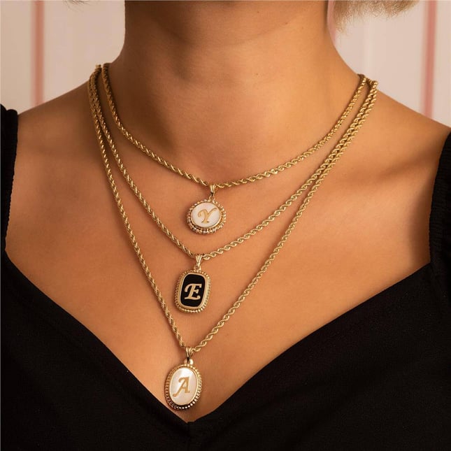 Cushion Mother of Pearl Cushion Onyx Initial Letter Solid Gold Necklace