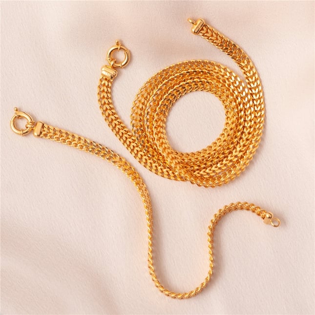 Solid Gold Popcorn Mesh Chain Necklace Bracelet