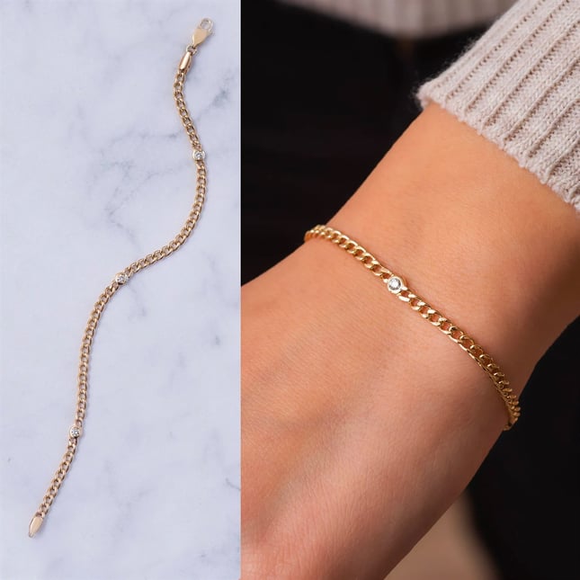Dainty Solid Gold Curb Link Chain Diamond Bracelet