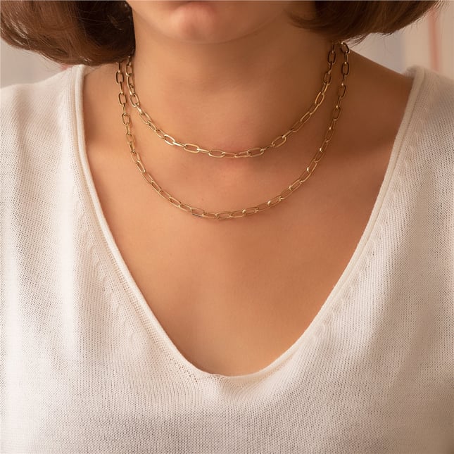 Paperclip Chain Solid Gold Bracelet Necklace