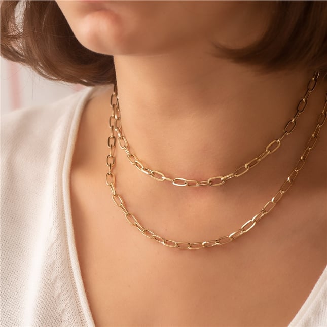 Paperclip Chain Solid Gold Bracelet Necklace