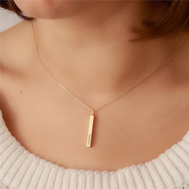 Cremation Personalized 3D Vertical Bar Solid Gold Necklace