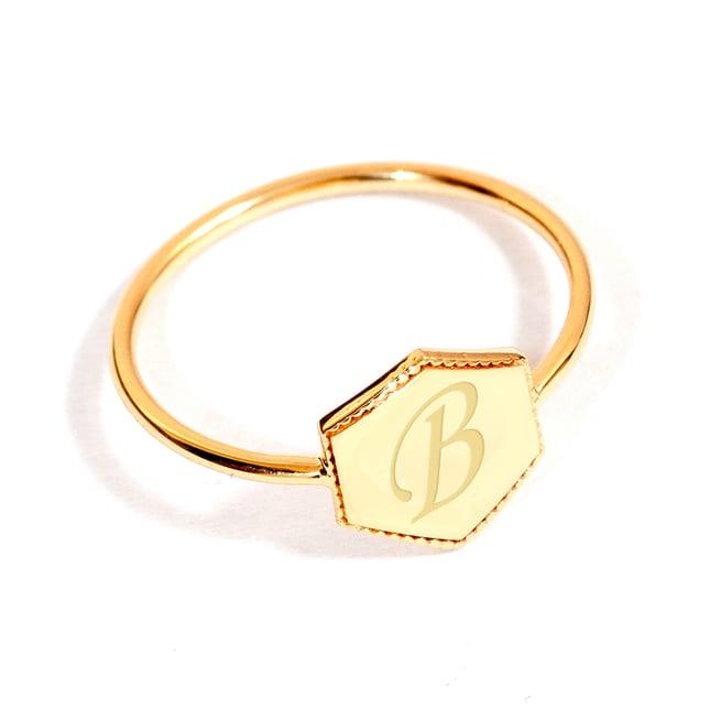 Hexagon Initial Letter Solid Gold Ring