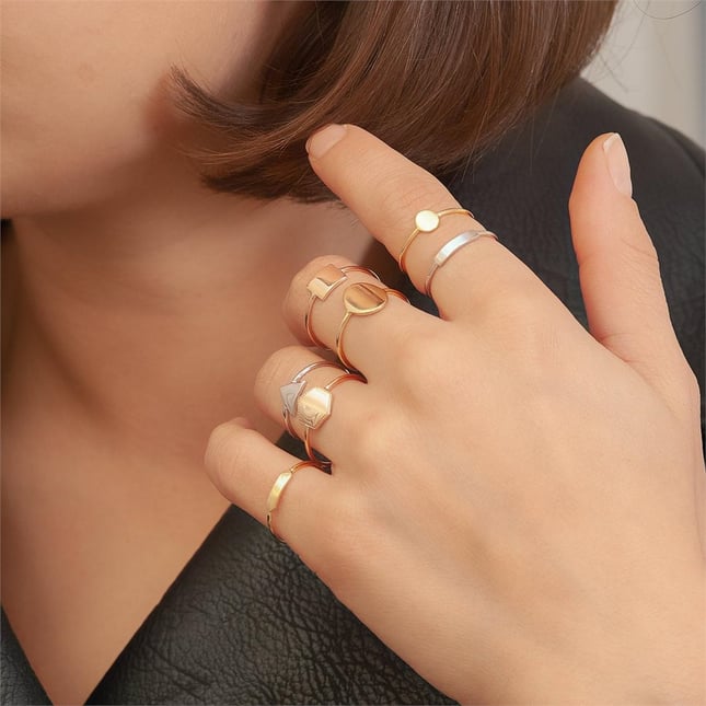 Hexagon Initial Letter Solid Gold Ring