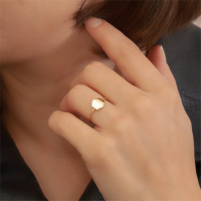 Hexagon Initial Letter Solid Gold Ring