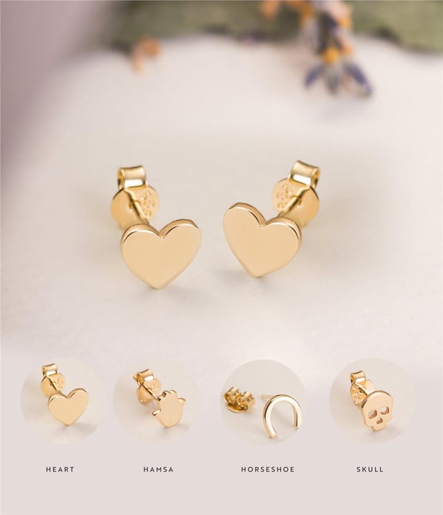 Hamsa Hand of Fatima Heart Skull Stud Solid Gold Earring