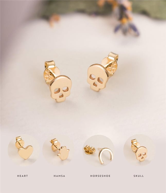 Hamsa Hand of Fatima Heart Skull Stud Solid Gold Earring