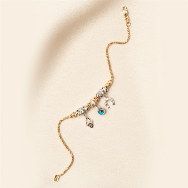Rondelle CZ Evil Eye Hamsa Hand of Fatima Horseshoe Beaded Ball Dangle Charm Solid Gold Bracelet
