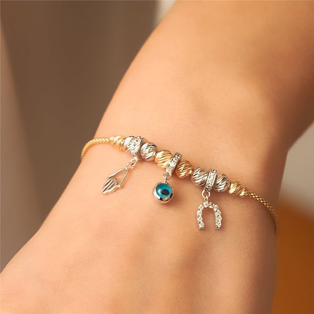 Rondelle CZ Evil Eye Hamsa Hand of Fatima Horseshoe Beaded Ball Dangle Charm Solid Gold Bracelet